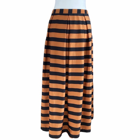 WHO WHAT WEAR ORANGE BLACK STRIPED BUTTON FRONT HIGH WAISTED MIDI SKIRT - 6 - Picture 6 of 14